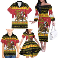 Belgium Christmas Personalized Family Matching Off The Shoulder Long Sleeve Dress and Hawaiian Shirt Santa Riding Lion - Wonder Print Shop