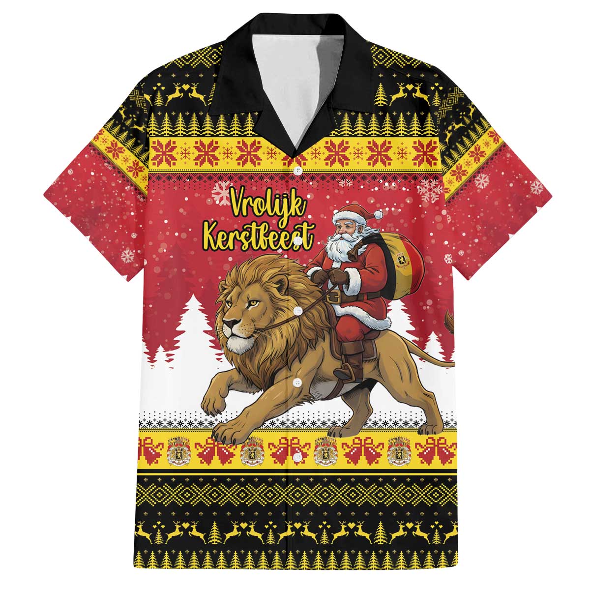 Belgium Christmas Personalized Family Matching Off The Shoulder Long Sleeve Dress and Hawaiian Shirt Santa Riding Lion - Wonder Print Shop