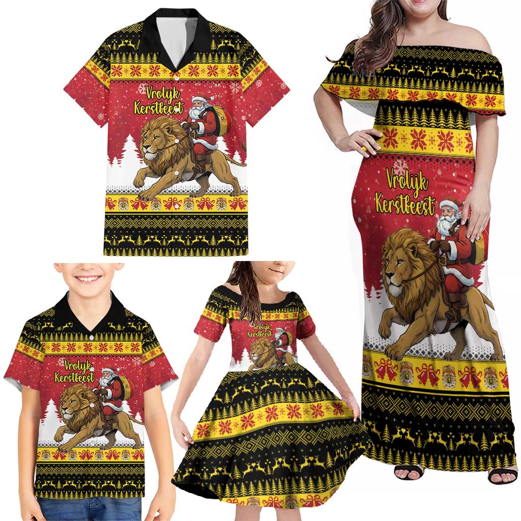 Belgium Christmas Personalized Family Matching Off Shoulder Maxi Dress and Hawaiian Shirt Santa Riding Lion - Wonder Print Shop