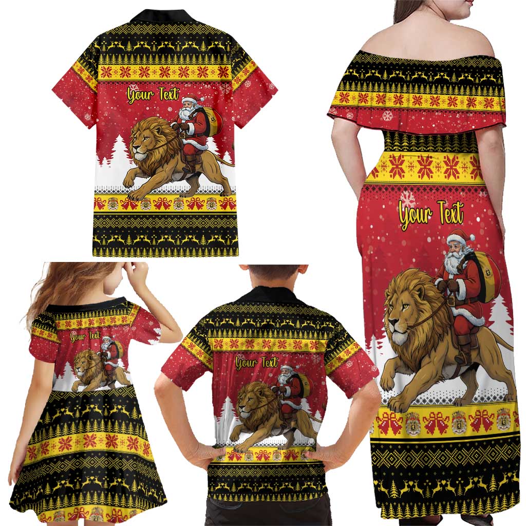 Belgium Christmas Personalized Family Matching Off Shoulder Maxi Dress and Hawaiian Shirt Santa Riding Lion - Wonder Print Shop