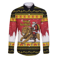 Belgium Christmas Personalized Family Matching Off Shoulder Maxi Dress and Hawaiian Shirt Santa Riding Lion - Wonder Print Shop