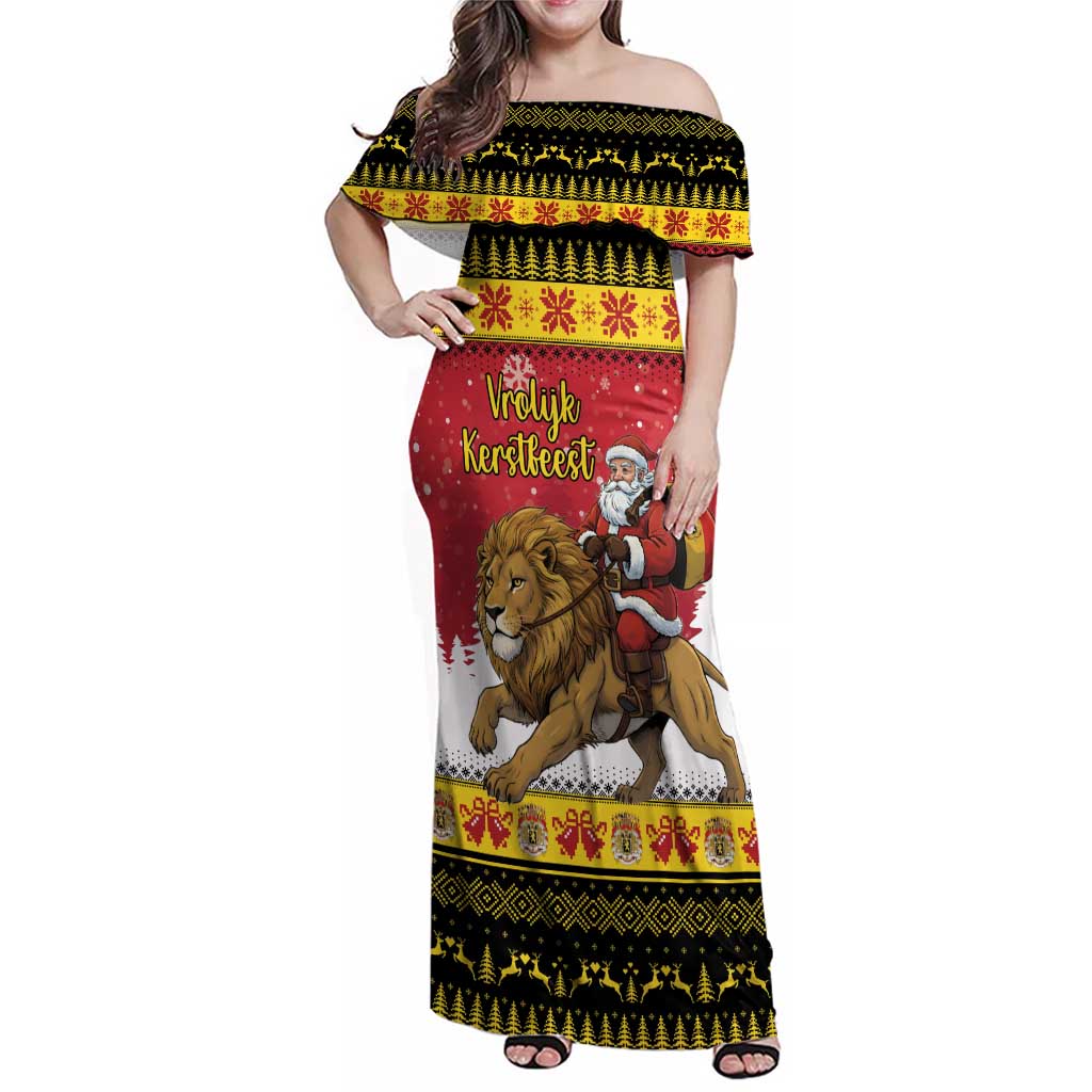 Belgium Christmas Personalized Family Matching Off Shoulder Maxi Dress and Hawaiian Shirt Santa Riding Lion - Wonder Print Shop