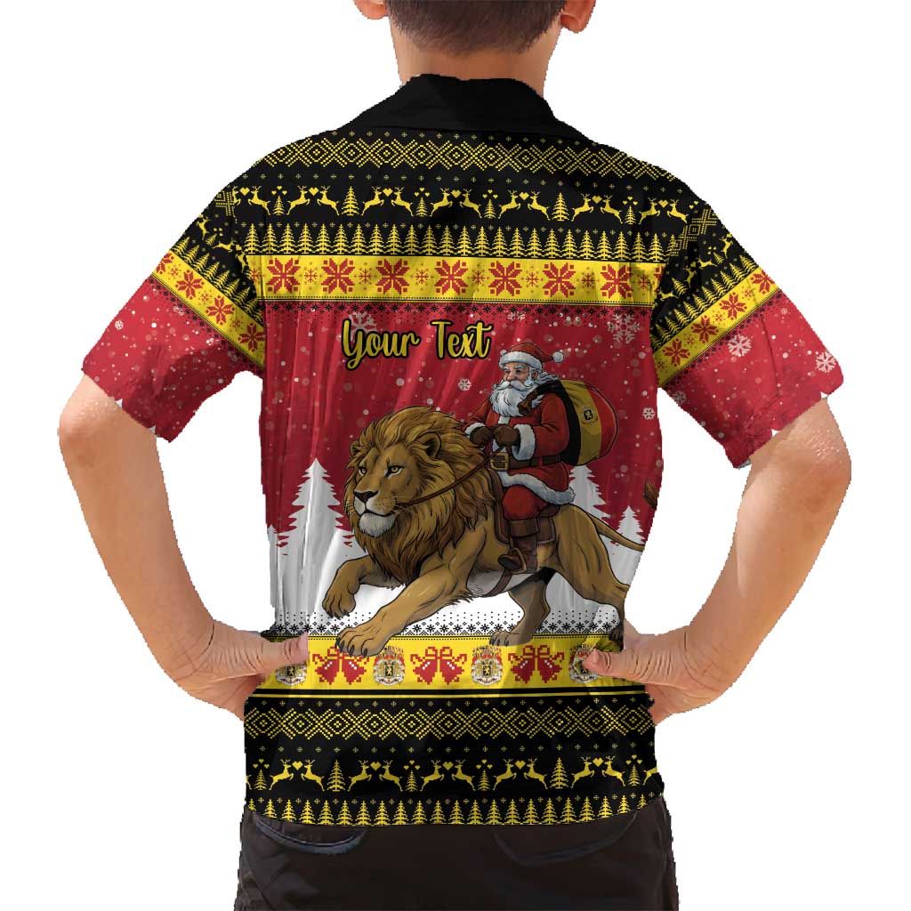 Belgium Christmas Personalized Family Matching Off Shoulder Short Dress and Hawaiian Shirt Santa Riding Lion - Wonder Print Shop