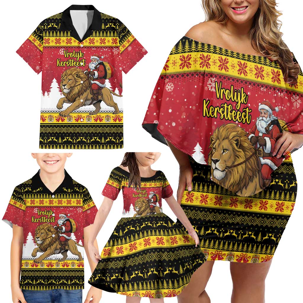 Belgium Christmas Personalized Family Matching Off Shoulder Short Dress and Hawaiian Shirt Santa Riding Lion - Wonder Print Shop