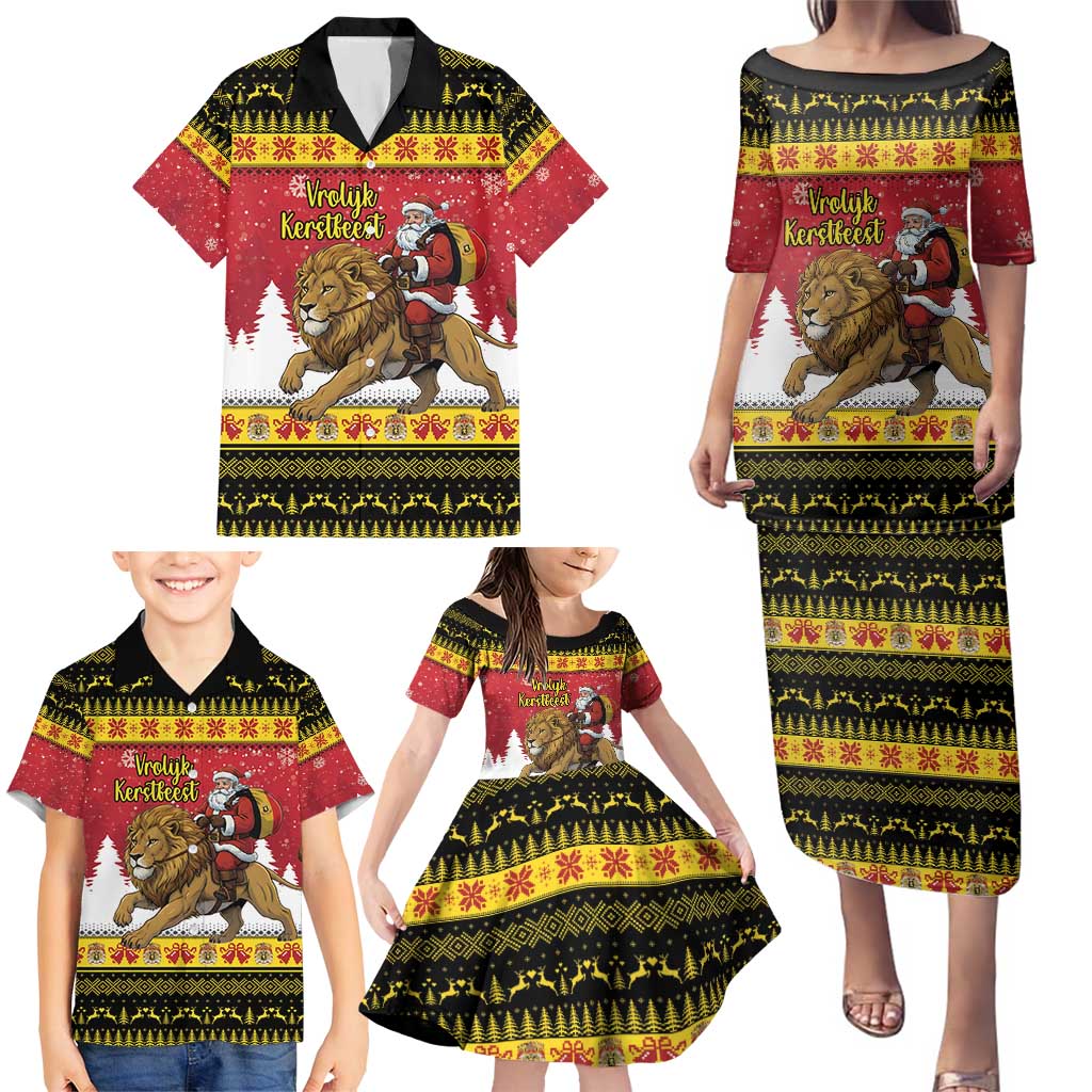 Belgium Christmas Personalized Family Matching Puletasi and Hawaiian Shirt Santa Riding Lion - Wonder Print Shop
