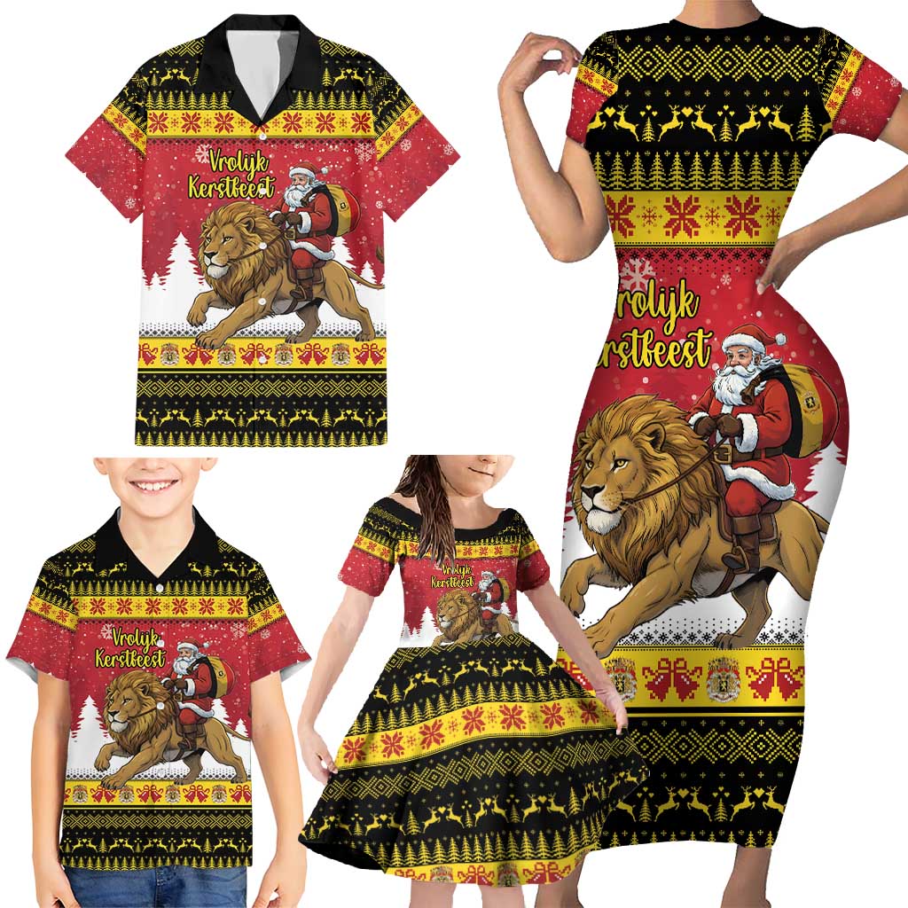 Belgium Christmas Personalized Family Matching Short Sleeve Bodycon Dress and Hawaiian Shirt Santa Riding Lion - Wonder Print Shop