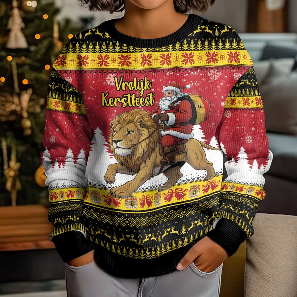 Belgium Christmas Personalized Kid Ugly Christmas Sweater Santa Riding Lion - Wonder Print Shop