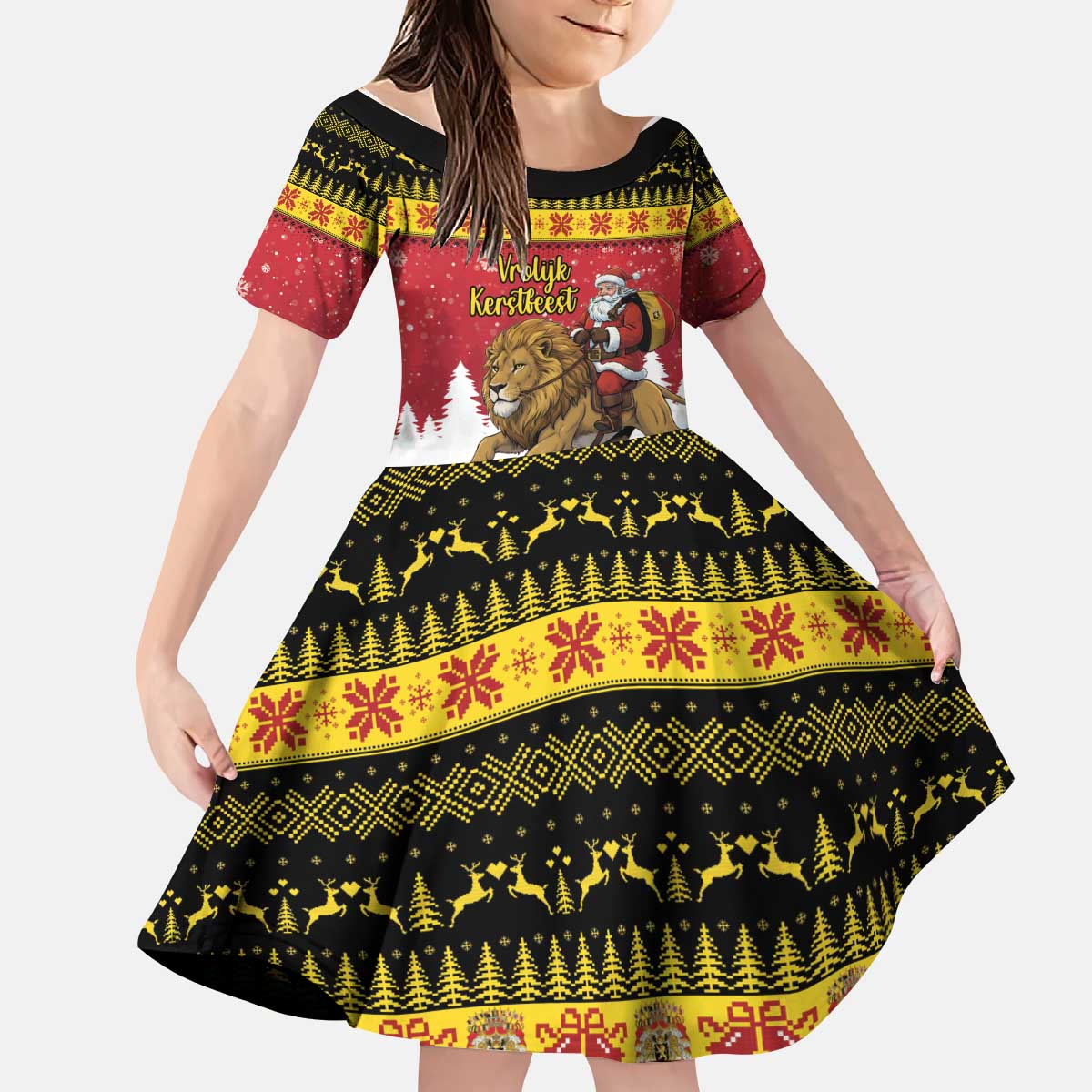 Belgium Christmas Personalized Kid Short Sleeve Dress Santa Riding Lion - Wonder Print Shop