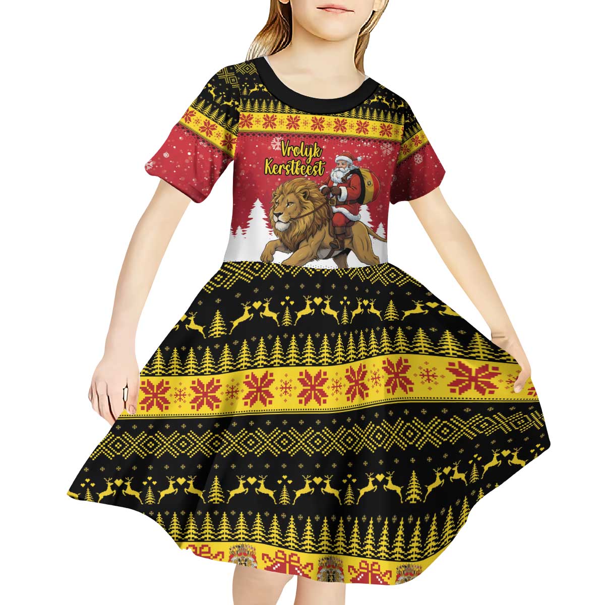 Belgium Christmas Personalized Kid Short Sleeve Dress Santa Riding Lion - Wonder Print Shop
