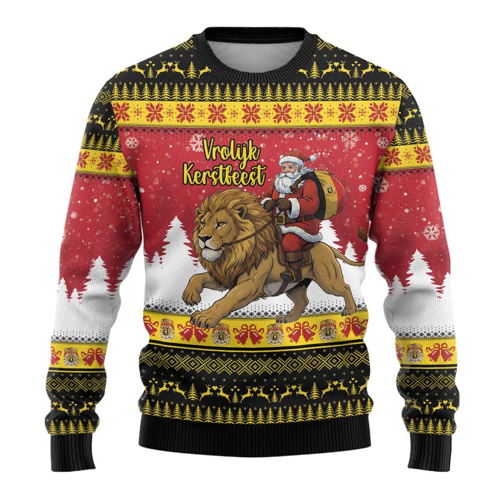 Belgium Christmas Personalized Ugly Christmas Sweater Santa Riding Lion - Wonder Print Shop