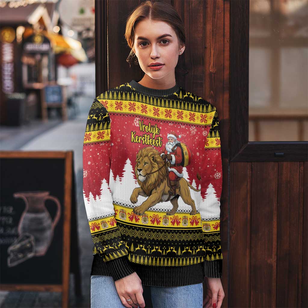 Belgium Christmas Personalized Ugly Christmas Sweater Santa Riding Lion - Wonder Print Shop