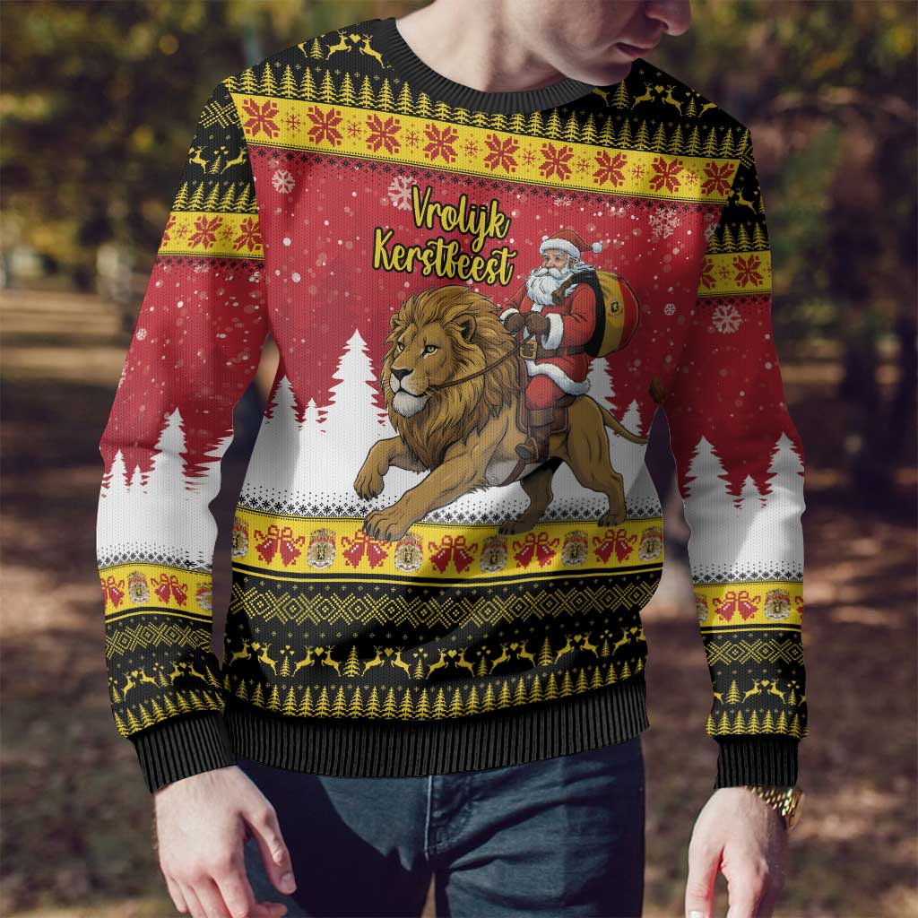 Belgium Christmas Personalized Ugly Christmas Sweater Santa Riding Lion - Wonder Print Shop