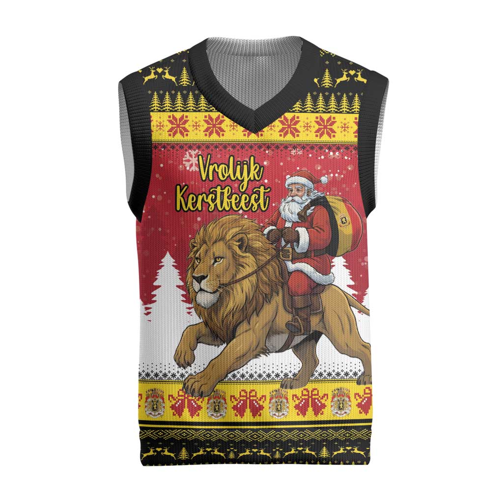 Belgium Christmas Personalized Christmas Knitted V-Neck Vest Santa Riding Lion - Wonder Print Shop