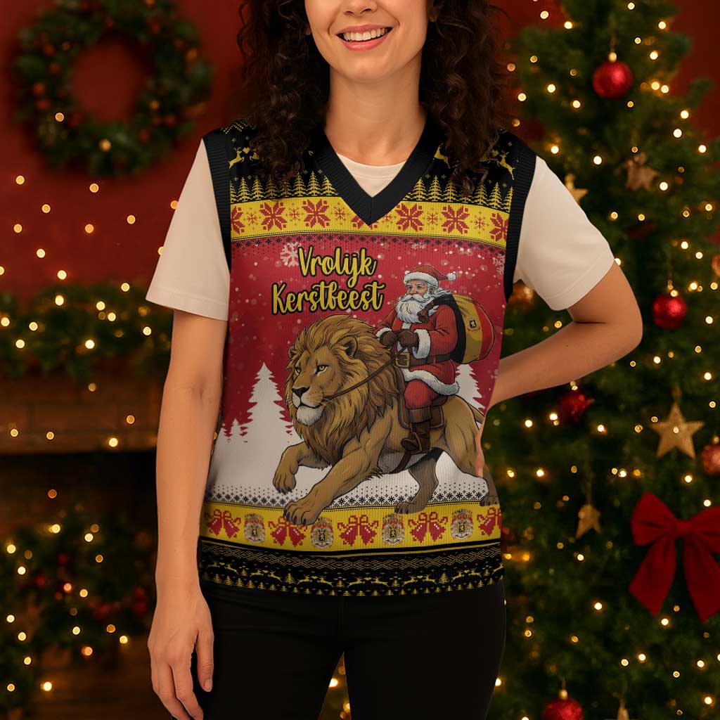Belgium Christmas Personalized Christmas Knitted V-Neck Vest Santa Riding Lion - Wonder Print Shop