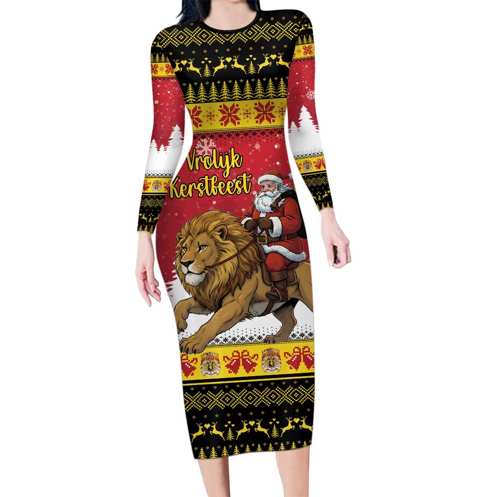 Belgium Christmas Personalized Long Sleeve Bodycon Dress Santa Riding Lion - Wonder Print Shop
