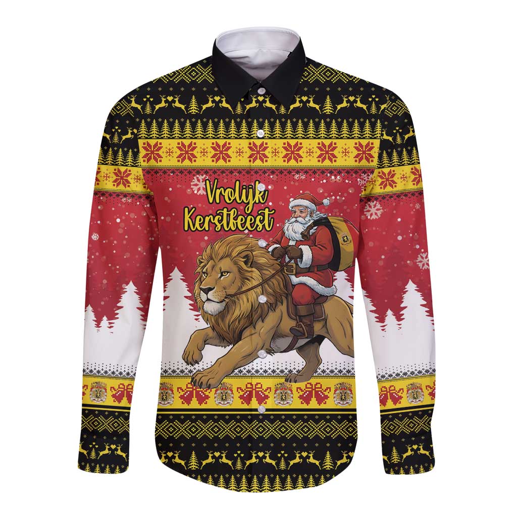 Belgium Christmas Personalized Long Sleeve Button Shirt Santa Riding Lion - Wonder Print Shop
