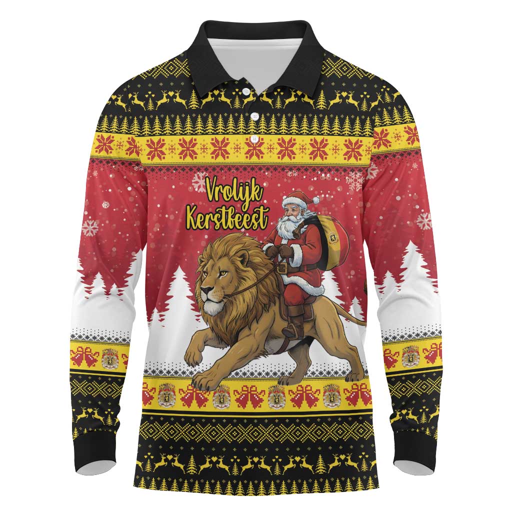 Belgium Christmas Personalized Long Sleeve Polo Shirt Santa Riding Lion - Wonder Print Shop