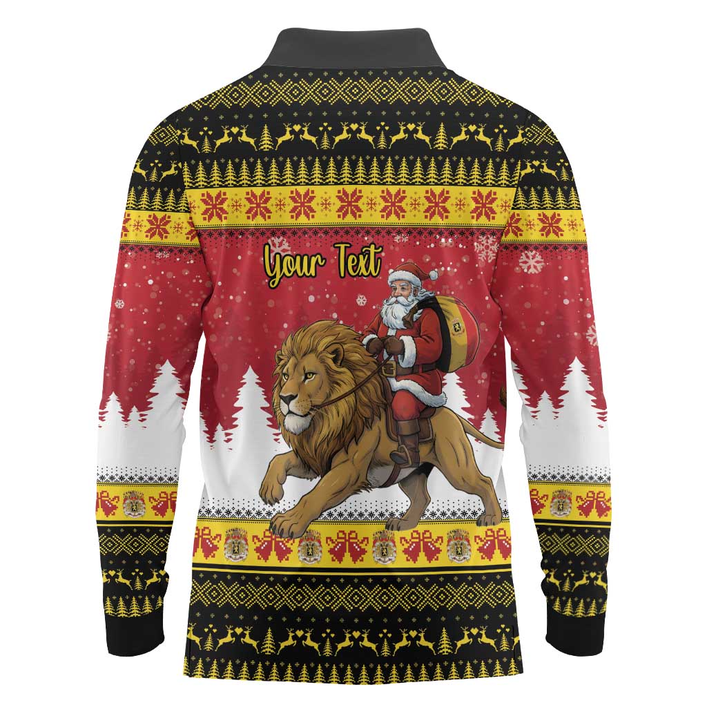 Belgium Christmas Personalized Long Sleeve Polo Shirt Santa Riding Lion - Wonder Print Shop
