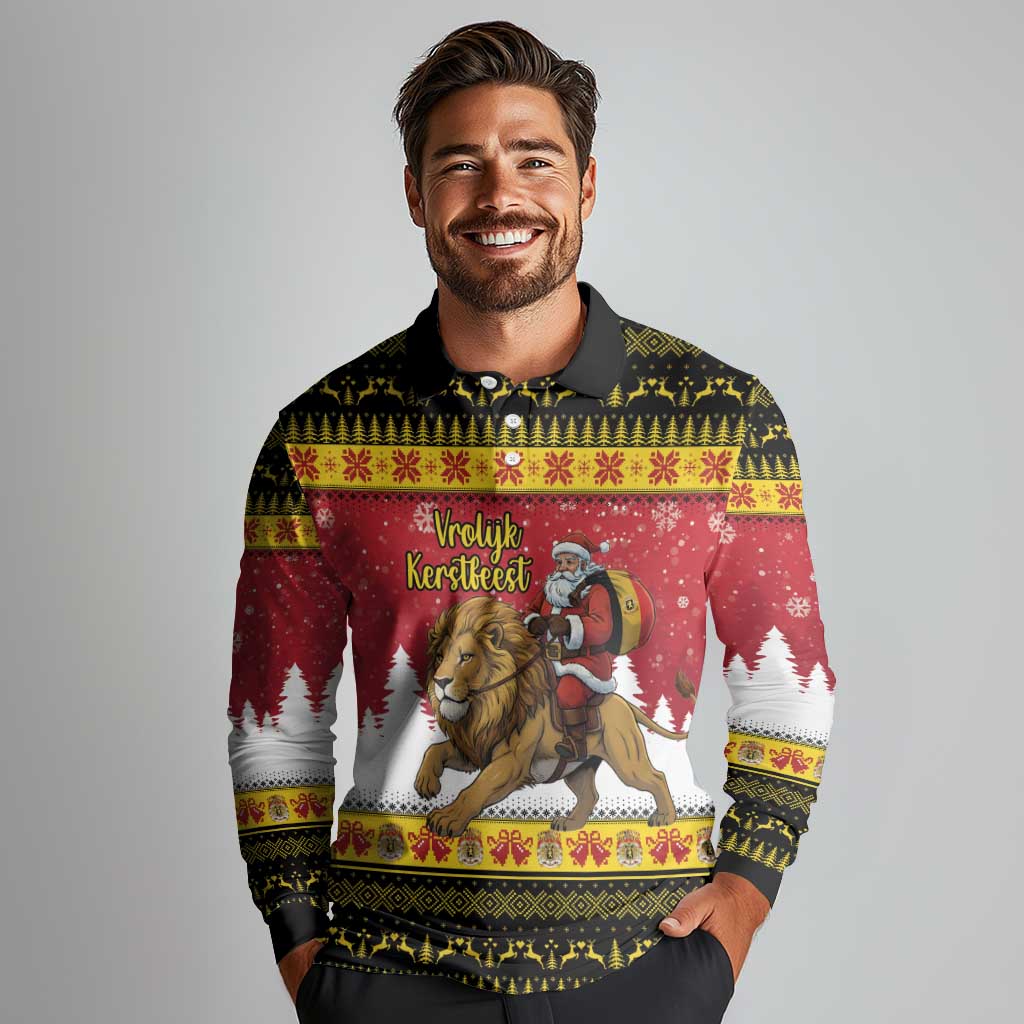 Belgium Christmas Personalized Long Sleeve Polo Shirt Santa Riding Lion - Wonder Print Shop
