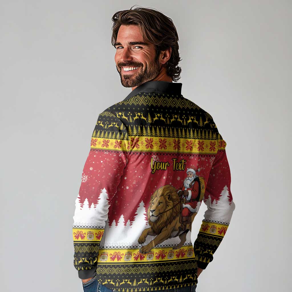 Belgium Christmas Personalized Long Sleeve Polo Shirt Santa Riding Lion - Wonder Print Shop