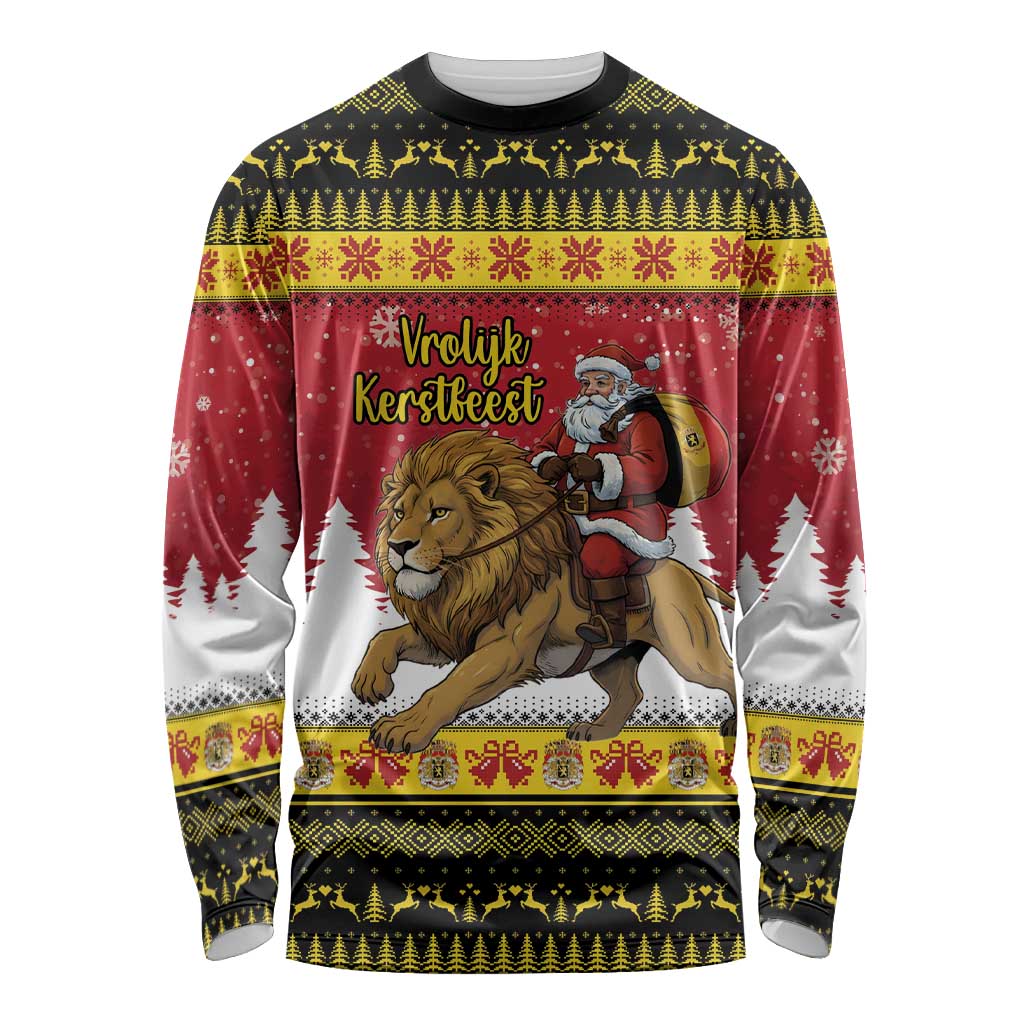 Belgium Christmas Personalized Long Sleeve Shirt Santa Riding Lion - Wonder Print Shop
