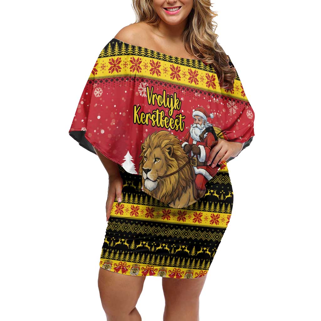 Belgium Christmas Personalized Off Shoulder Short Dress Santa Riding Lion - Wonder Print Shop
