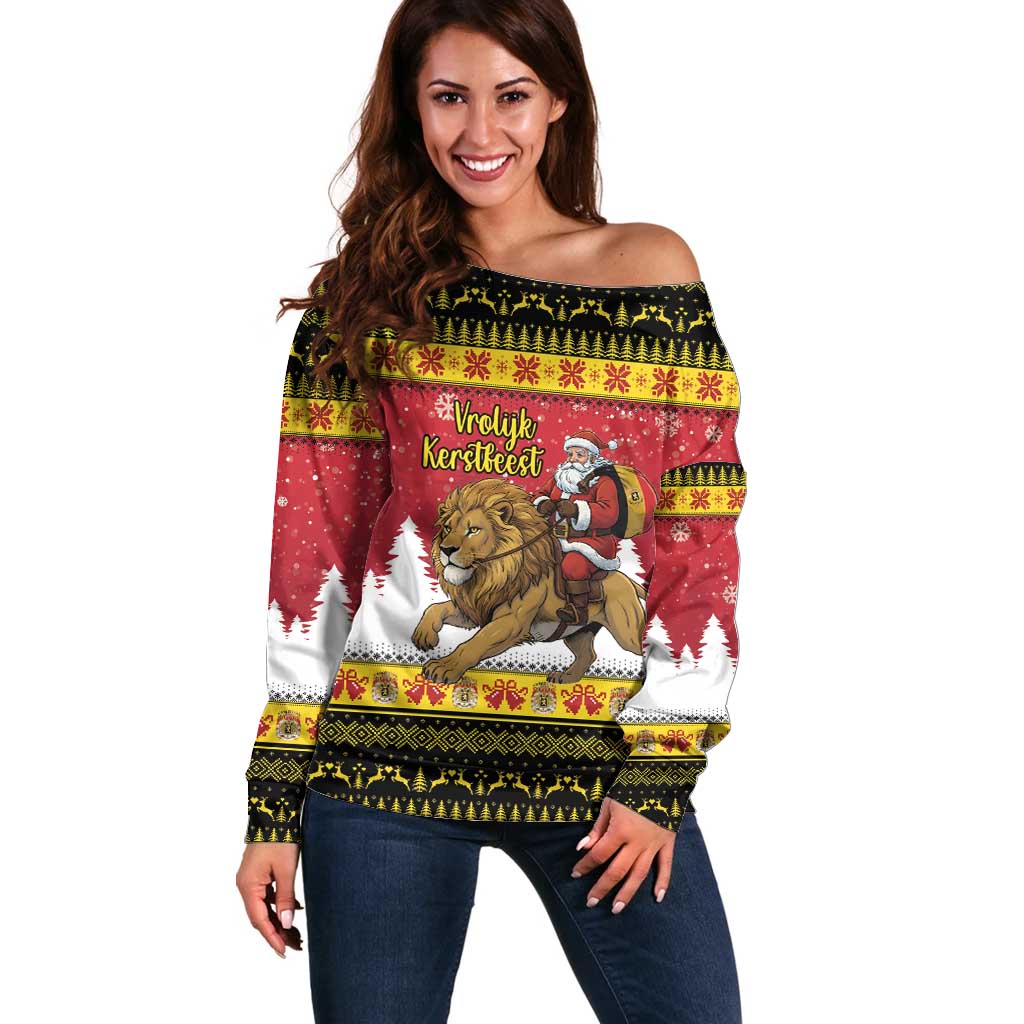 Belgium Christmas Personalized Off Shoulder Sweater Santa Riding Lion - Wonder Print Shop