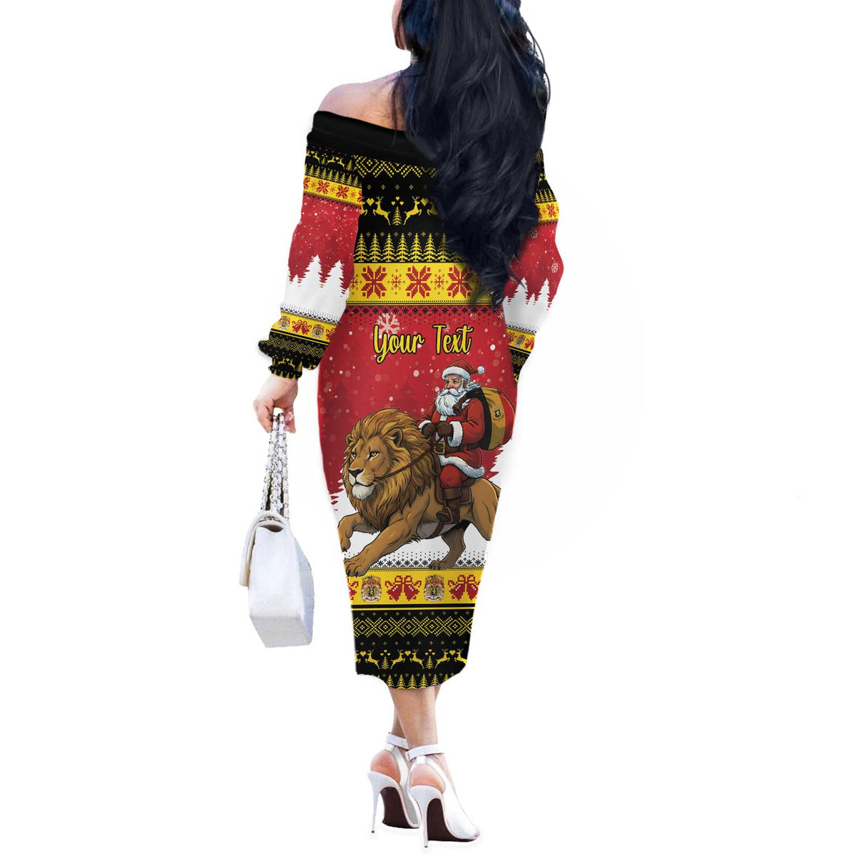Belgium Christmas Personalized Off The Shoulder Long Sleeve Dress Santa Riding Lion - Wonder Print Shop