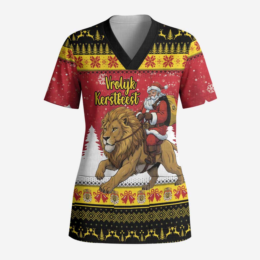 Belgium Christmas Personalized Scrub Top Santa Riding Lion - Wonder Print Shop