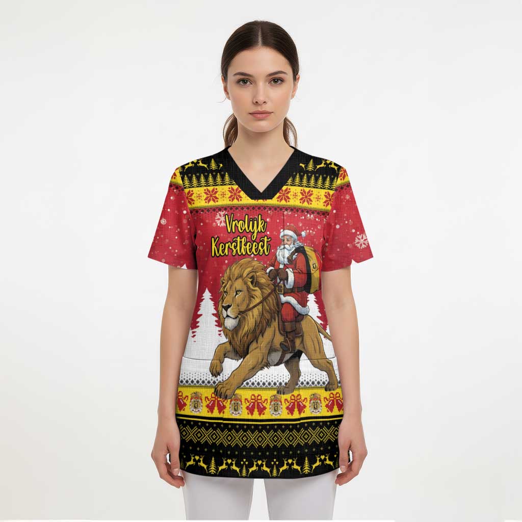 Belgium Christmas Personalized Scrub Top Santa Riding Lion - Wonder Print Shop