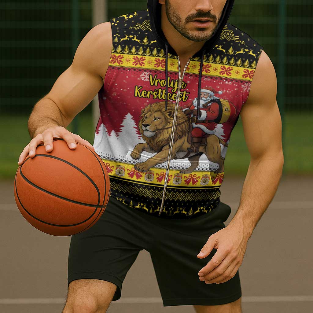 Belgium Christmas Personalized Sleeveless Zip Hoodie Santa Riding Lion - Wonder Print Shop