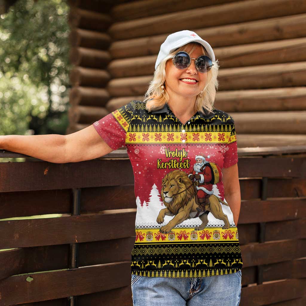 Belgium Christmas Personalized Women Polo Shirt Santa Riding Lion - Wonder Print Shop