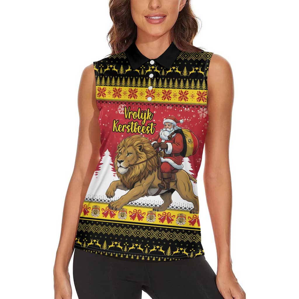 Belgium Christmas Personalized Women Sleeveless Polo Shirt Santa Riding Lion - Wonder Print Shop