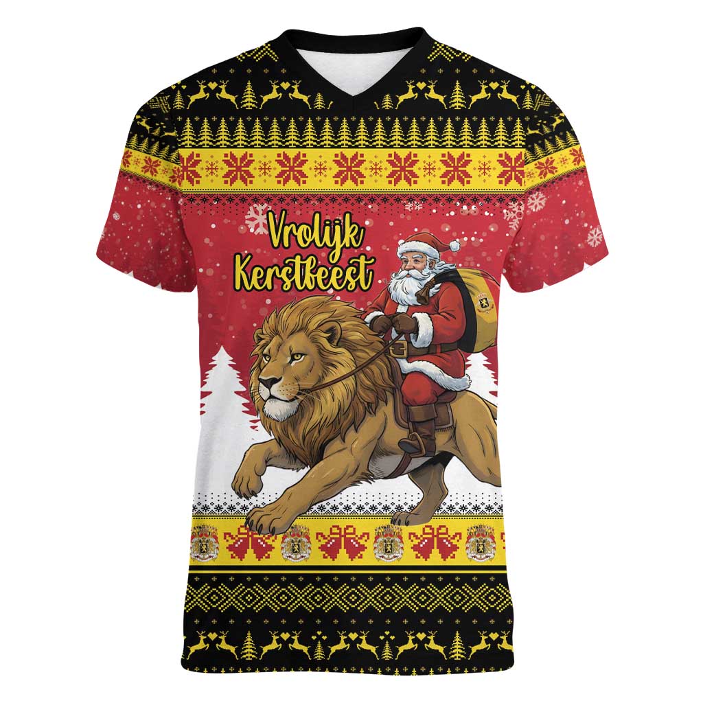 Belgium Christmas Personalized Women V-Neck T-Shirt Santa Riding Lion - Wonder Print Shop