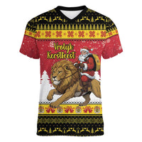 Belgium Christmas Personalized Women V-Neck T-Shirt Santa Riding Lion - Wonder Print Shop