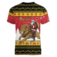 Belgium Christmas Personalized Women V-Neck T-Shirt Santa Riding Lion - Wonder Print Shop