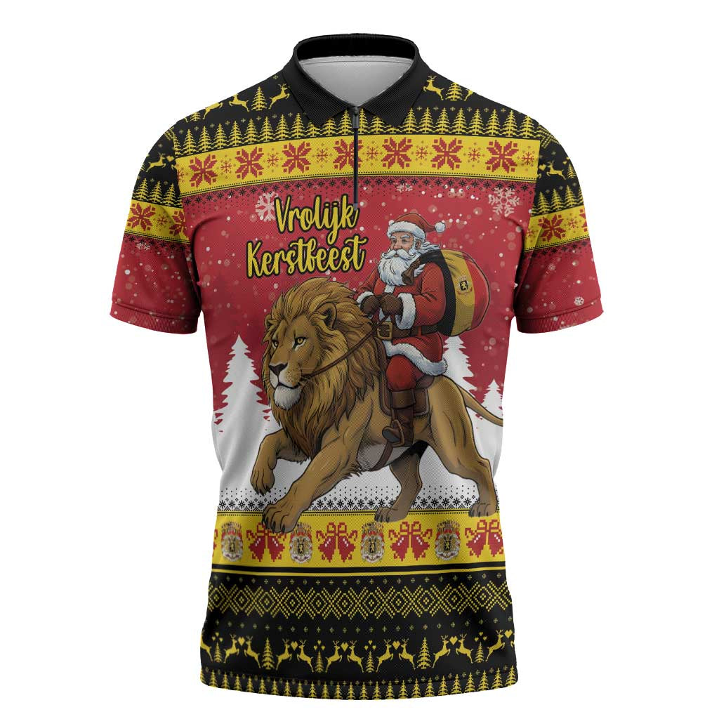 Belgium Christmas Personalized Zipper Polo Shirt Santa Riding Lion - Wonder Print Shop