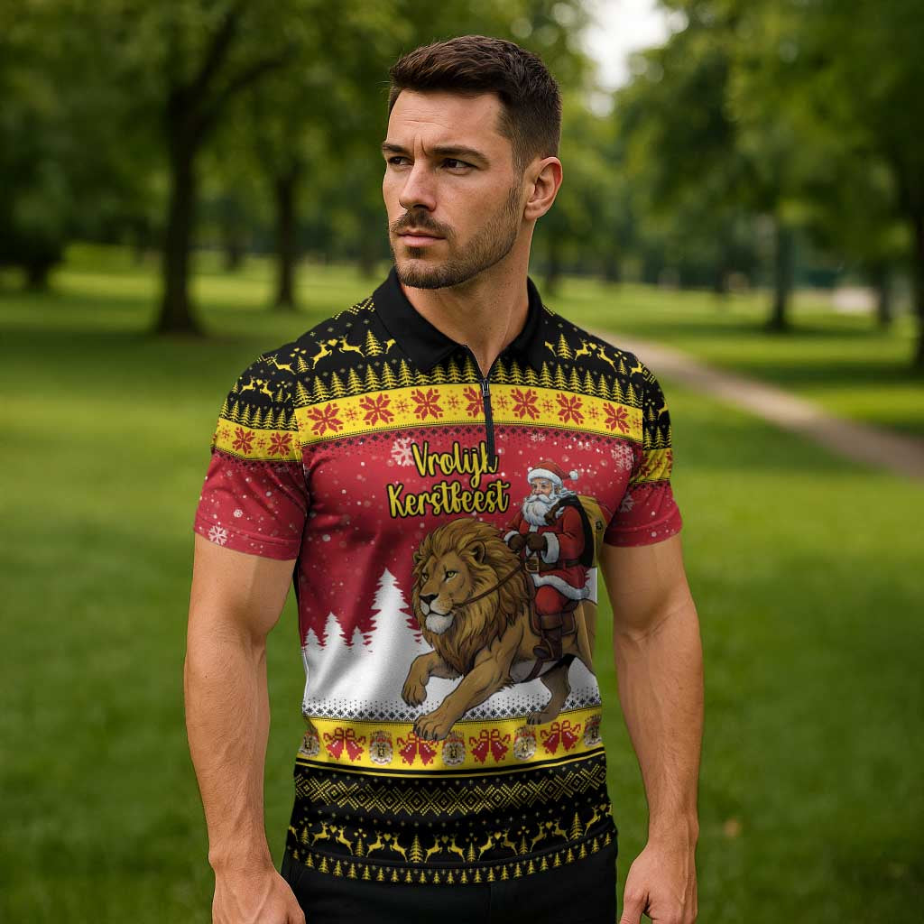 Belgium Christmas Personalized Zipper Polo Shirt Santa Riding Lion - Wonder Print Shop