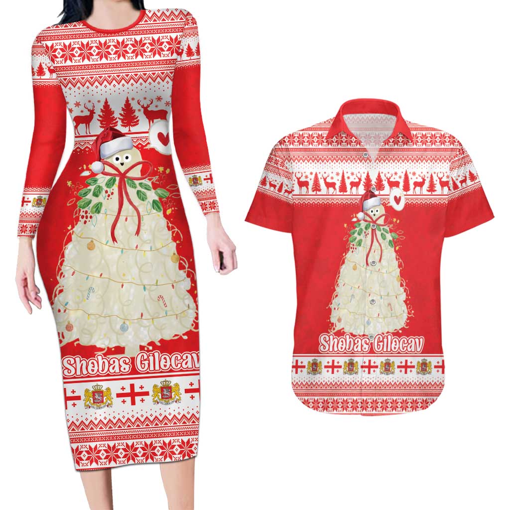 Georgia Christmas Chichilaki Couples Matching Long Sleeve Bodycon Dress and Hawaiian Shirt Celebrate Georgian Tradition - Wonder Print Shop