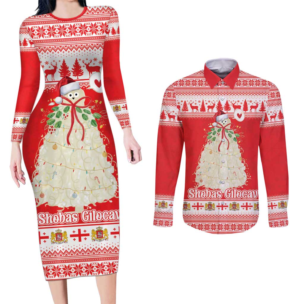 Georgia Christmas Chichilaki Couples Matching Long Sleeve Bodycon Dress and Long Sleeve Button Shirt Celebrate Georgian Tradition - Wonder Print Shop