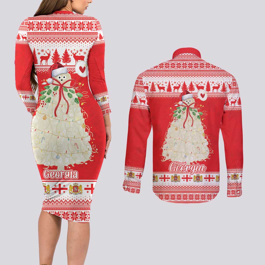 Georgia Christmas Chichilaki Couples Matching Long Sleeve Bodycon Dress and Long Sleeve Button Shirt Celebrate Georgian Tradition - Wonder Print Shop