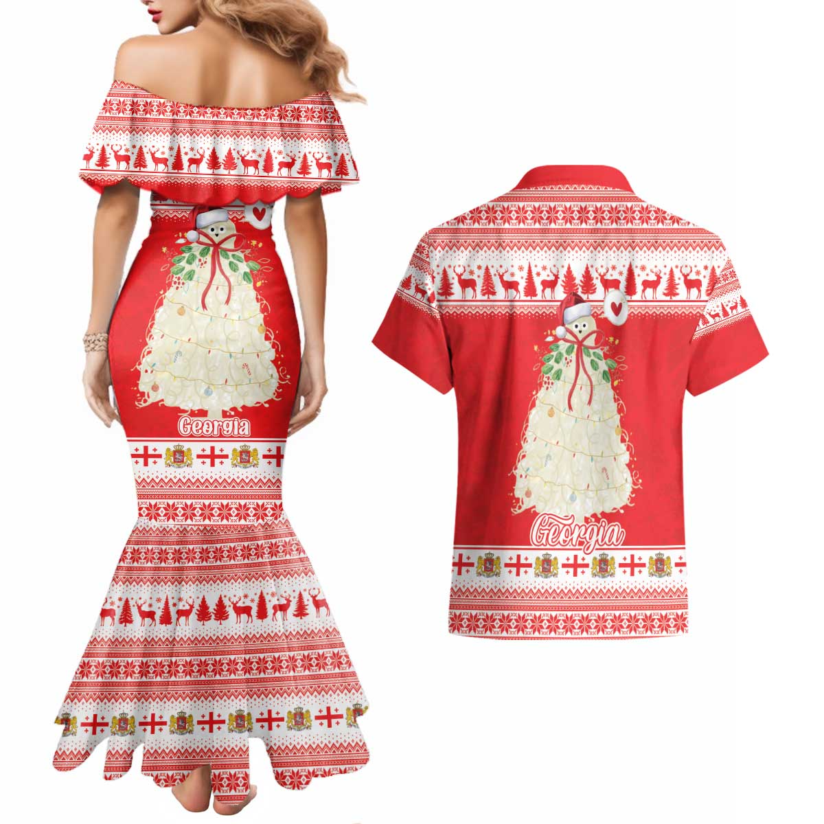 Georgia Christmas Chichilaki Couples Matching Mermaid Dress and Hawaiian Shirt Celebrate Georgian Tradition - Wonder Print Shop