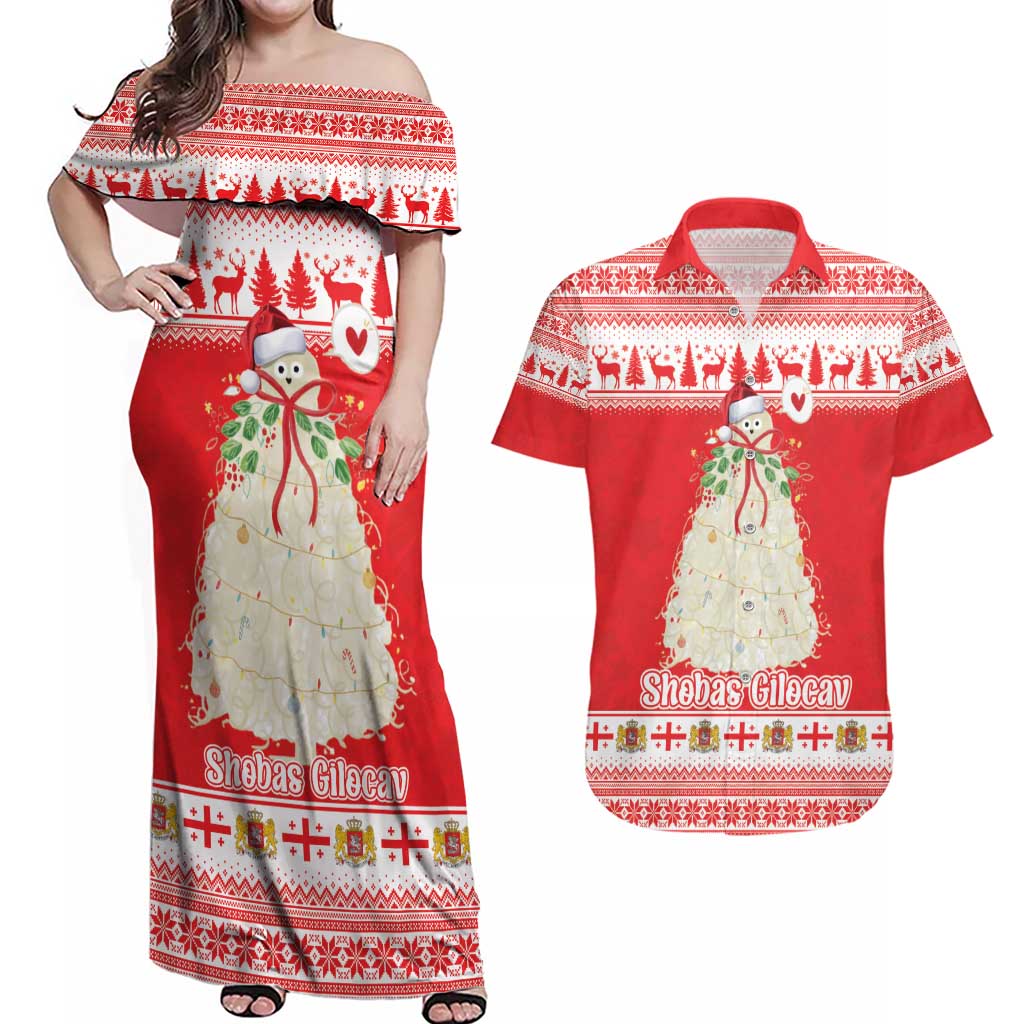 Georgia Christmas Chichilaki Couples Matching Off Shoulder Maxi Dress and Hawaiian Shirt Celebrate Georgian Tradition - Wonder Print Shop