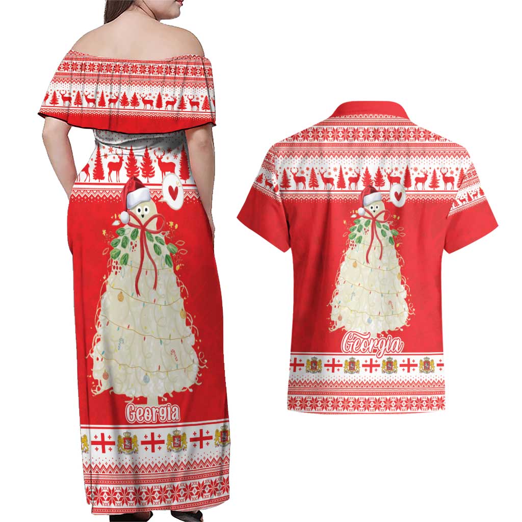 Georgia Christmas Chichilaki Couples Matching Off Shoulder Maxi Dress and Hawaiian Shirt Celebrate Georgian Tradition - Wonder Print Shop