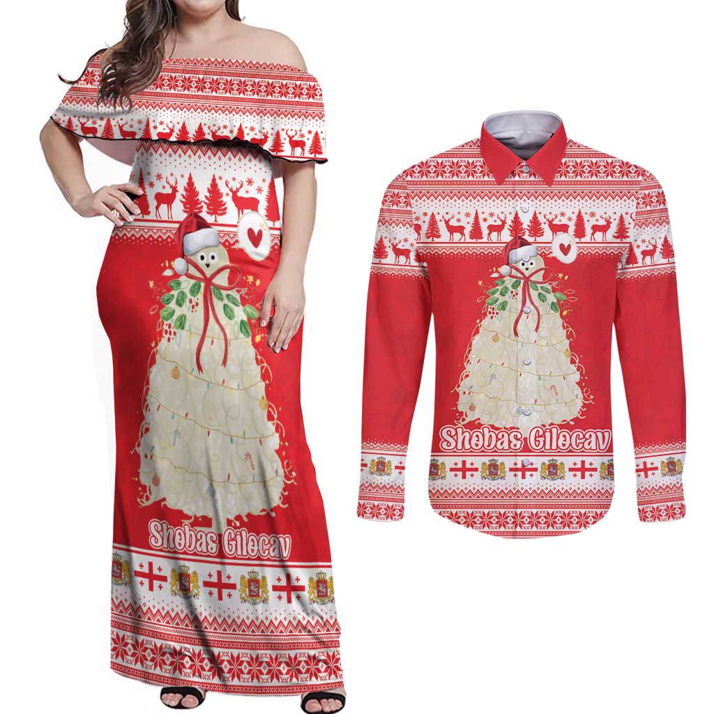 Georgia Christmas Chichilaki Couples Matching Off Shoulder Maxi Dress and Long Sleeve Button Shirt Celebrate Georgian Tradition - Wonder Print Shop