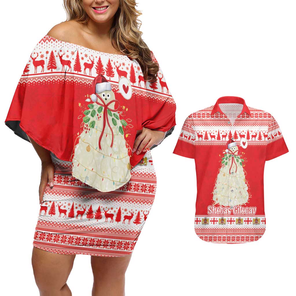 Georgia Christmas Chichilaki Couples Matching Off Shoulder Short Dress and Hawaiian Shirt Celebrate Georgian Tradition - Wonder Print Shop