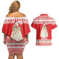 Georgia Christmas Chichilaki Couples Matching Off Shoulder Short Dress and Hawaiian Shirt Celebrate Georgian Tradition - Wonder Print Shop