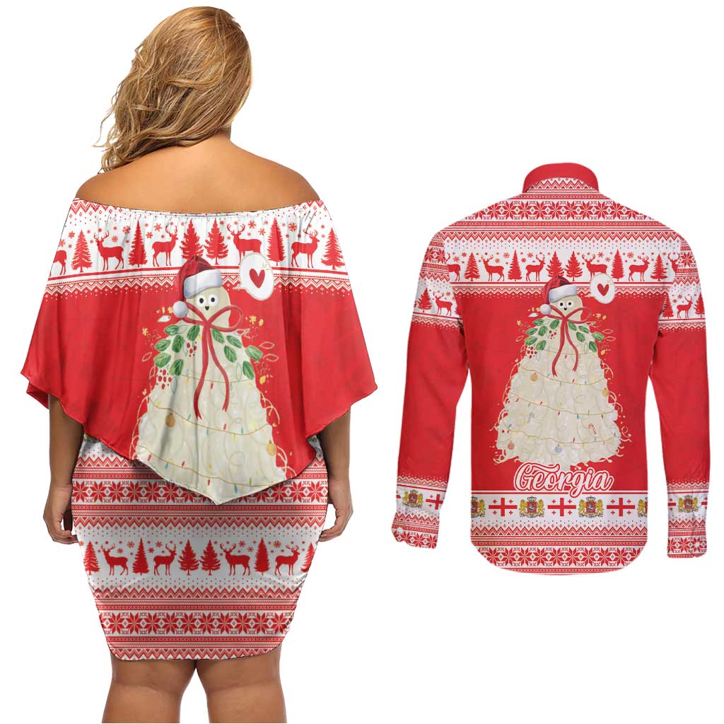 Georgia Christmas Chichilaki Couples Matching Off Shoulder Short Dress and Long Sleeve Button Shirt Celebrate Georgian Tradition - Wonder Print Shop
