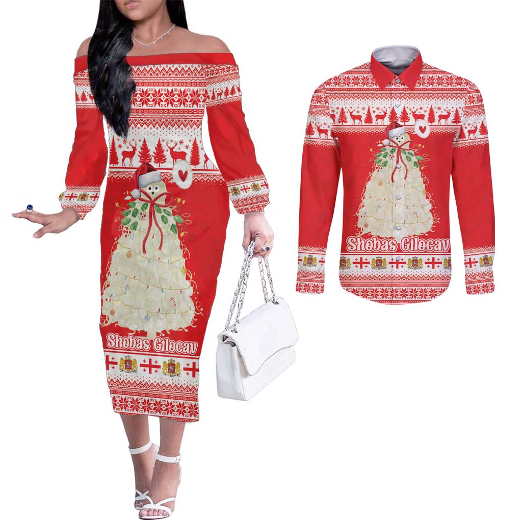 Georgia Christmas Chichilaki Couples Matching Off The Shoulder Long Sleeve Dress and Long Sleeve Button Shirt Celebrate Georgian Tradition - Wonder Print Shop