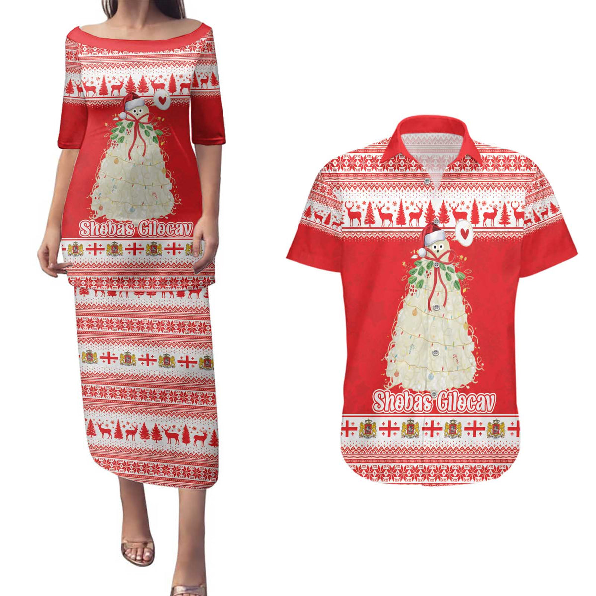 Georgia Christmas Chichilaki Couples Matching Puletasi and Hawaiian Shirt Celebrate Georgian Tradition - Wonder Print Shop